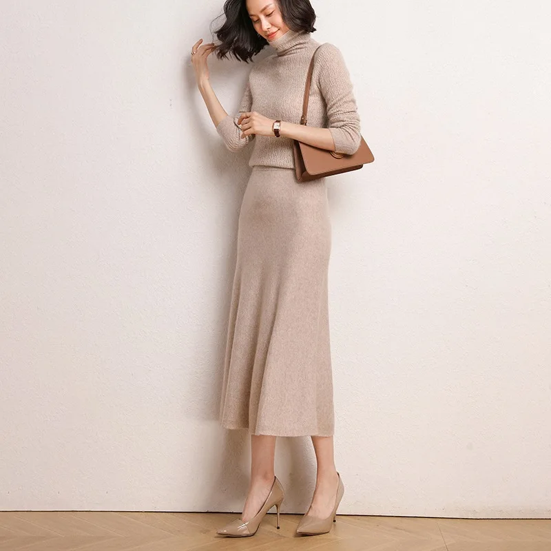 

Новая зимняя кашемировая вязаная юбка с высокой талией для женщин средней длины, Свободная трикотажная одежда с покрытием для ягодиц
