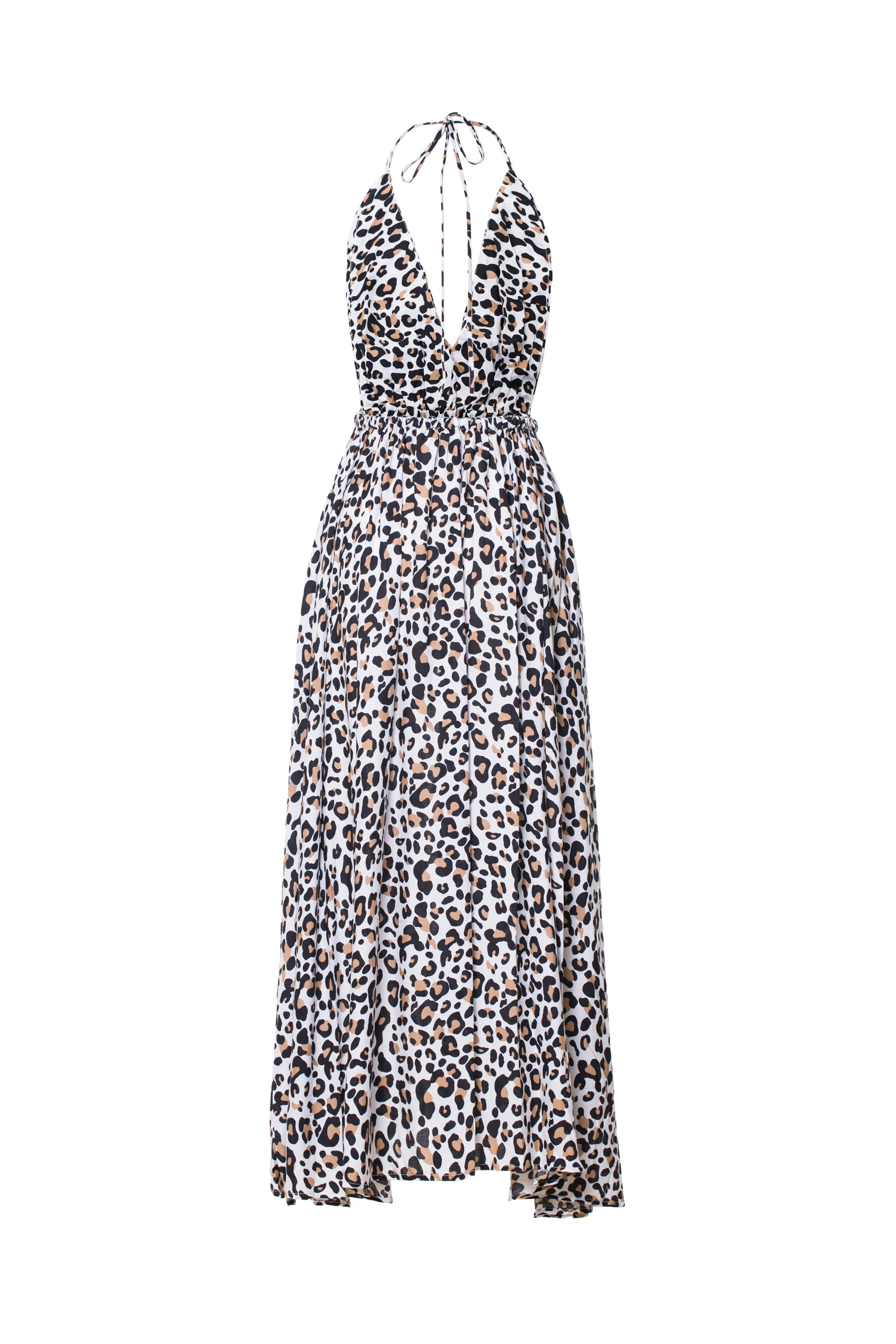 Платье женское леопардовое на бретельках с высокой талией и лямкой шее|Женские