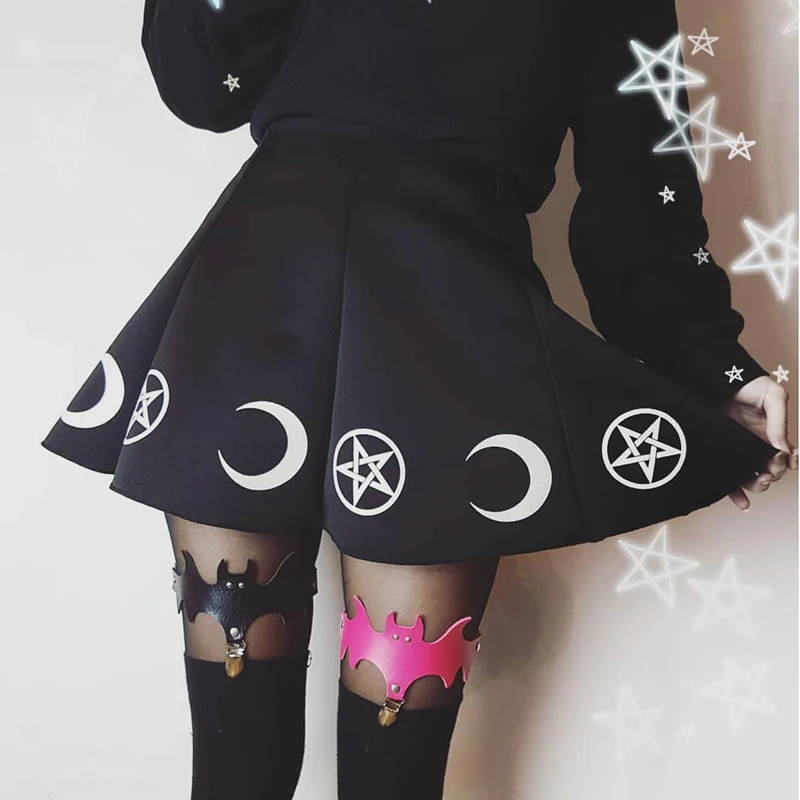 ImilyBela Gothic Casual Mini Skirt Women Sexy High Waist Print Black A-line Skirt Empire Draped Punk Style Streetwear Jupe Femme