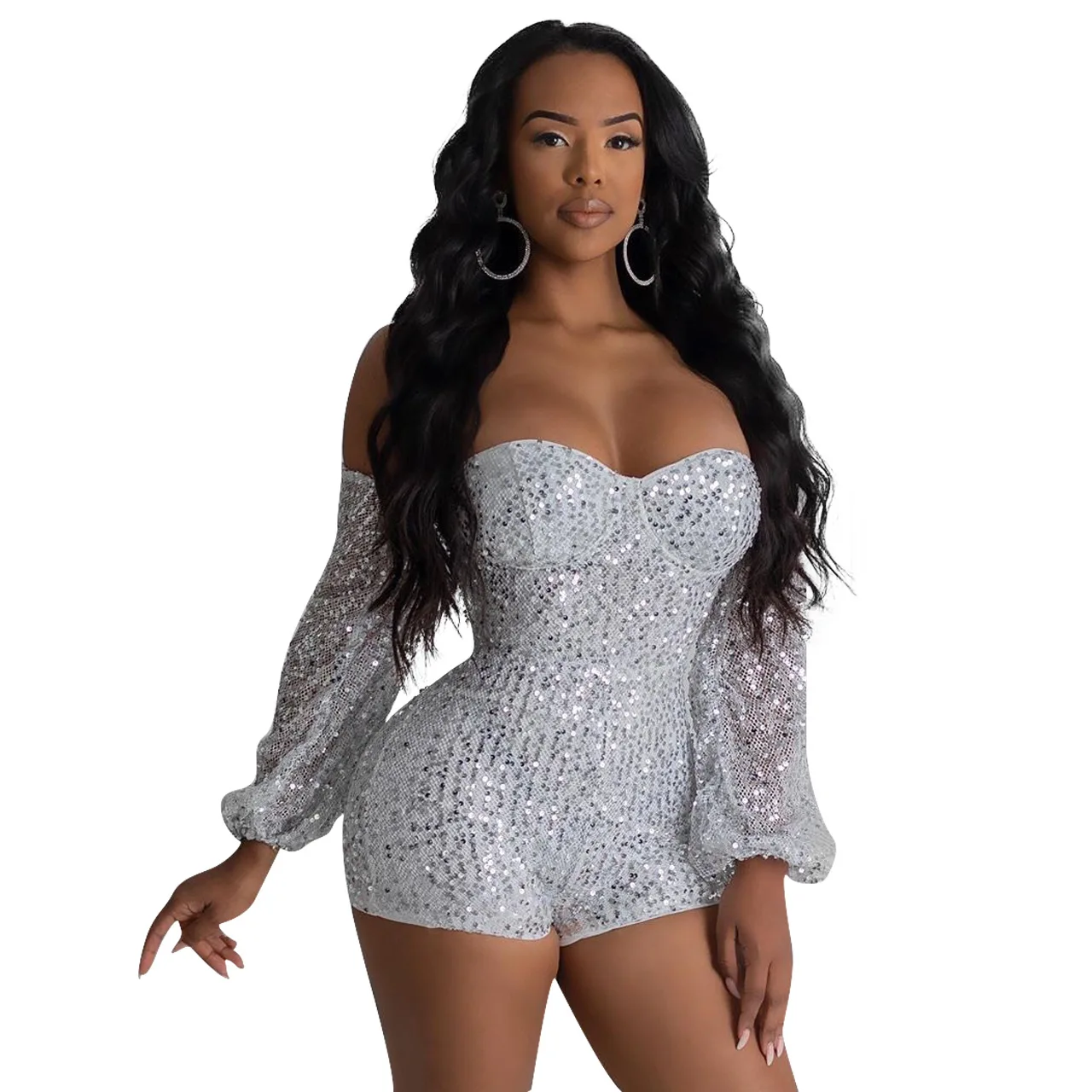 Женское боди с V-образным вырезом открытыми плечами и блестками | Женская одежда
