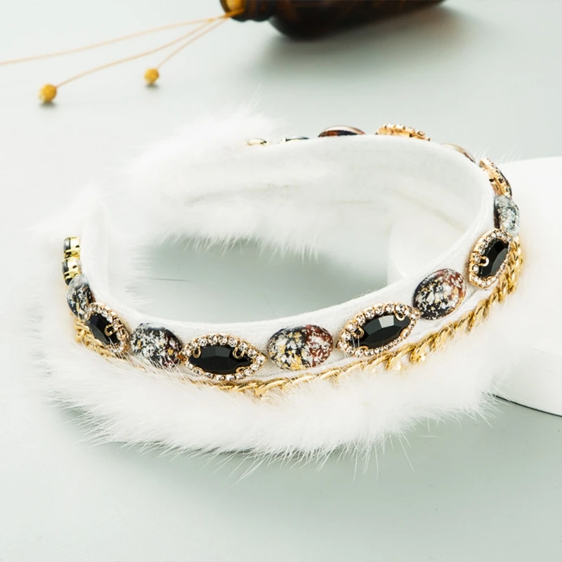 

Women Winter Furry Plush Headband Baroque Luxurious Fluffy Prom Hair Hoop Shiny Faux Crystal Metal Chain Jewelry Bandana