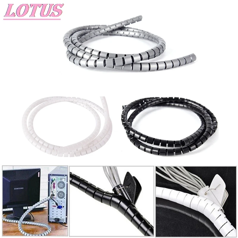

1PCS New 1m 10/25mm Cable Spiral Wrap Tidy Cord Wire Banding Loom Storage Organizer PC TV Hot Sell Black/White/Grey Fast Cables