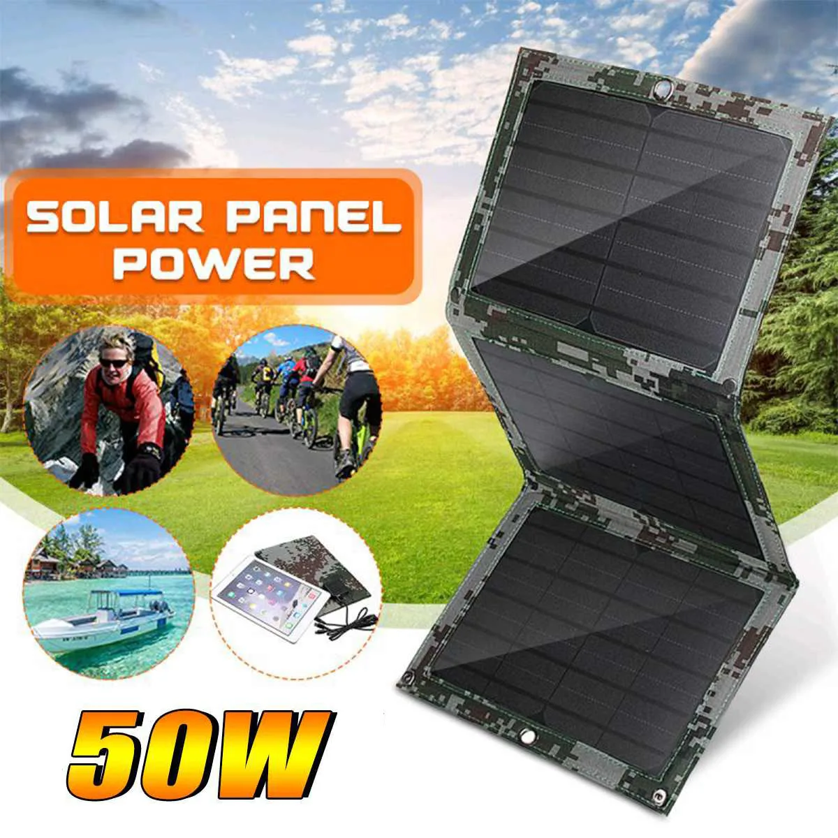 

Foldable Solar Panel 50W Dual USB Sun Power Solar Cells Bank Pack 4 in1 USB Cable Waterproof for Phone Backpack Camping Hiking