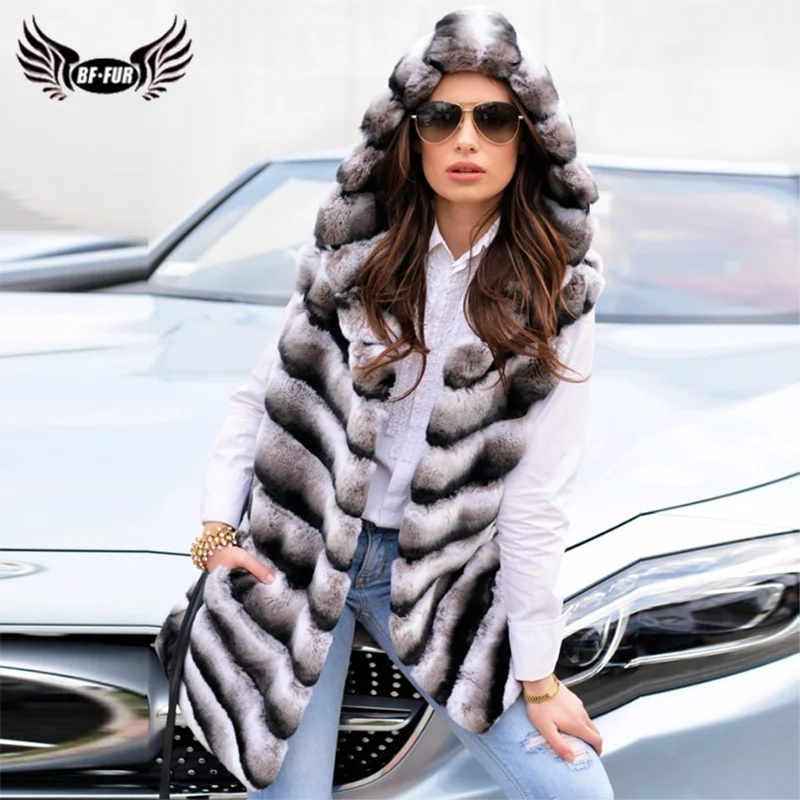 Natural Real Chinchilla Rex Rabbit Fur Vest With Hood Full Pelt Genuine Rex Rabbit Jacket With Leather Belt Luxury Overcoat 2022