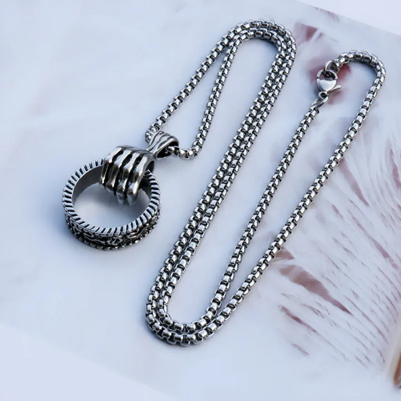 

HNSP Punk Skull Hand Circle Pendant 3MM Stainless Steel Chain Necklace For Men Male Neck Gothic Jewelry