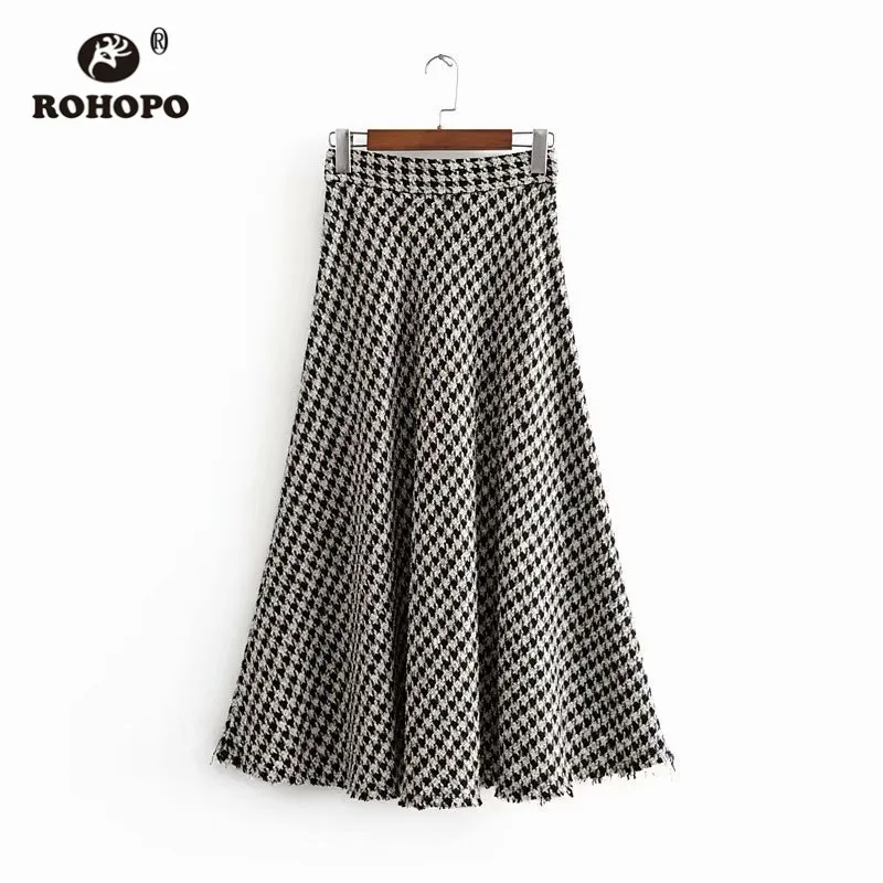 ROHOPO Houndstooth Высокая талия твидовая Расклешенная юбка миди британская Academy Slip Hem Женская Осенняя Falda Buttoms#2331