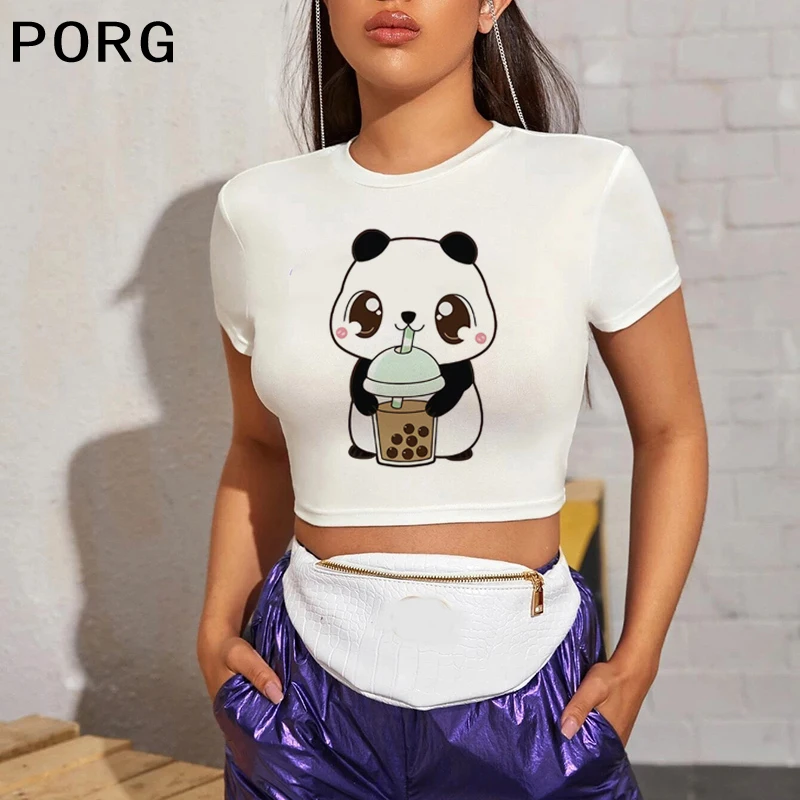 Женский укороченный топ с принтом Милая панда молочного чая Повседневная