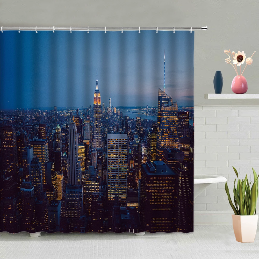 

City Night View Shower Curtain Architecture High Floor Scenery Bathroom Wall Hanging Curtains Waterproof Hook Screen Home Decor