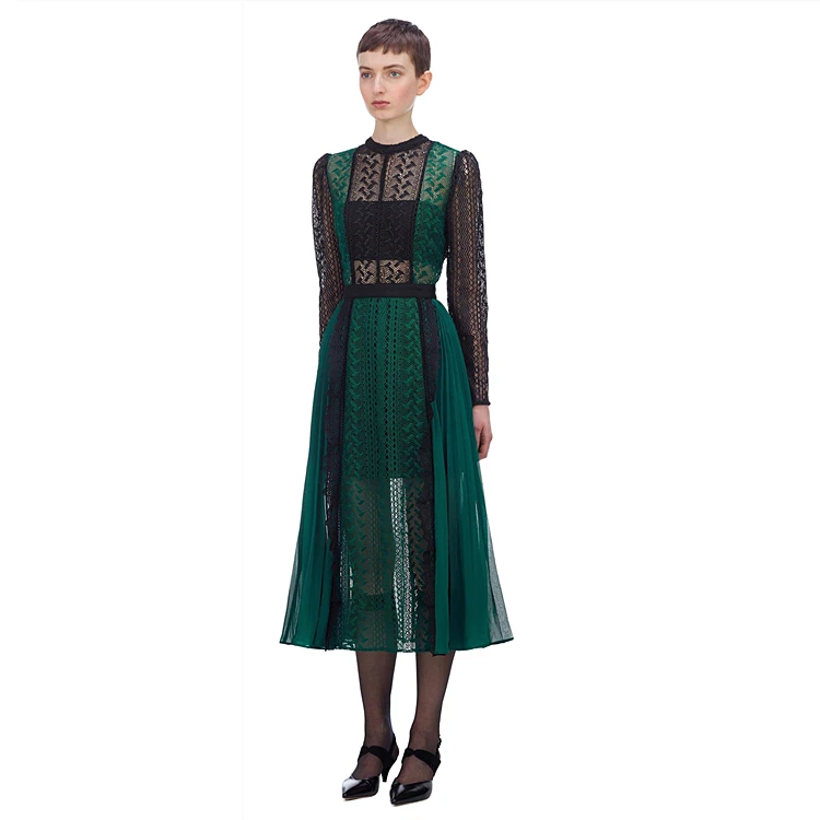 Женское шифоновое плиссированное платье с длинным рукавом длинное ажурное в