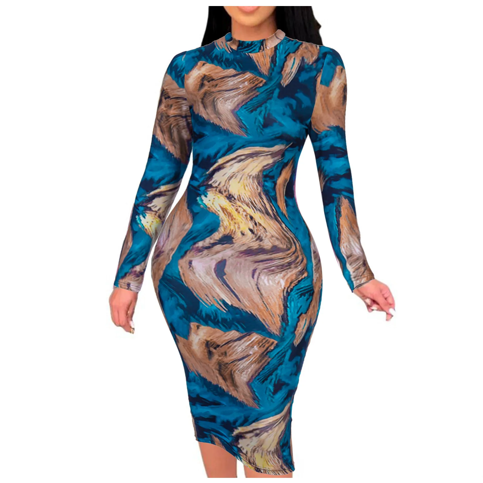 

Women's Vintage Elegant Dress Colorful Print Sexy Long Slim Long Ruffle Sleeves Slim Sexy Bodycon Dress Vestidos Feminina