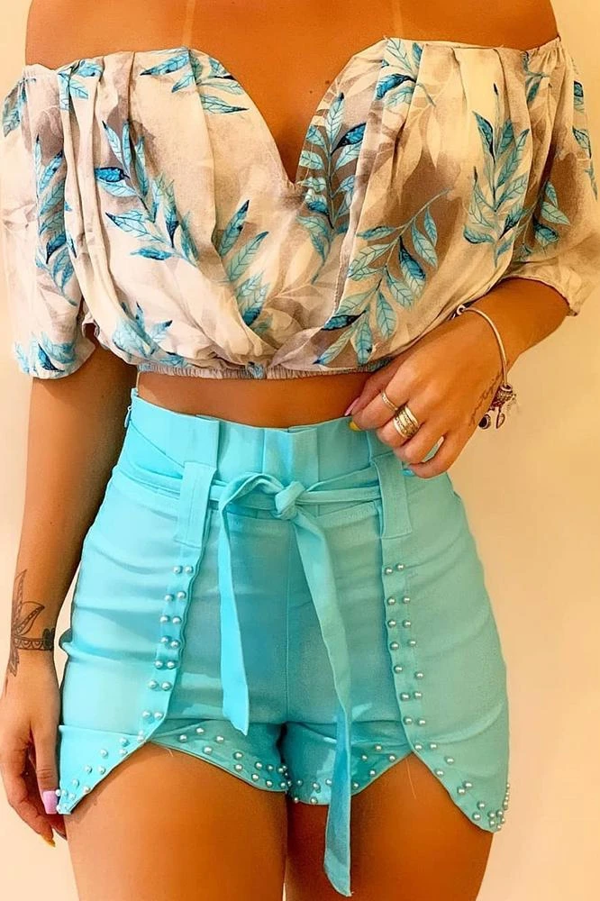 

JCHB 2021 high qualityOff Shoulder Leaf Print Ruched Top & Beaded Shorts Set