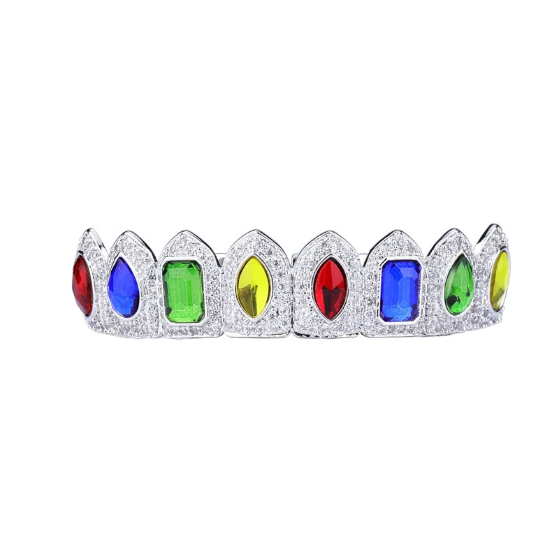 Хип-хоп натуральный камень вымощенный Bling Iced Out зубы Grillzs Топ нижний набор золотые плоские дентальные украшения мужские рапперы ювелирные изделия золото серебро - Окраска металла: silver top