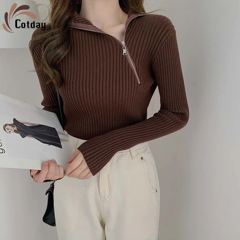 

Cotday Design Zipper Minimalist Knit Women Autumn Winter 2020 New Korea Lady Turtleneck Slim Thin Brown Pullover Sweater