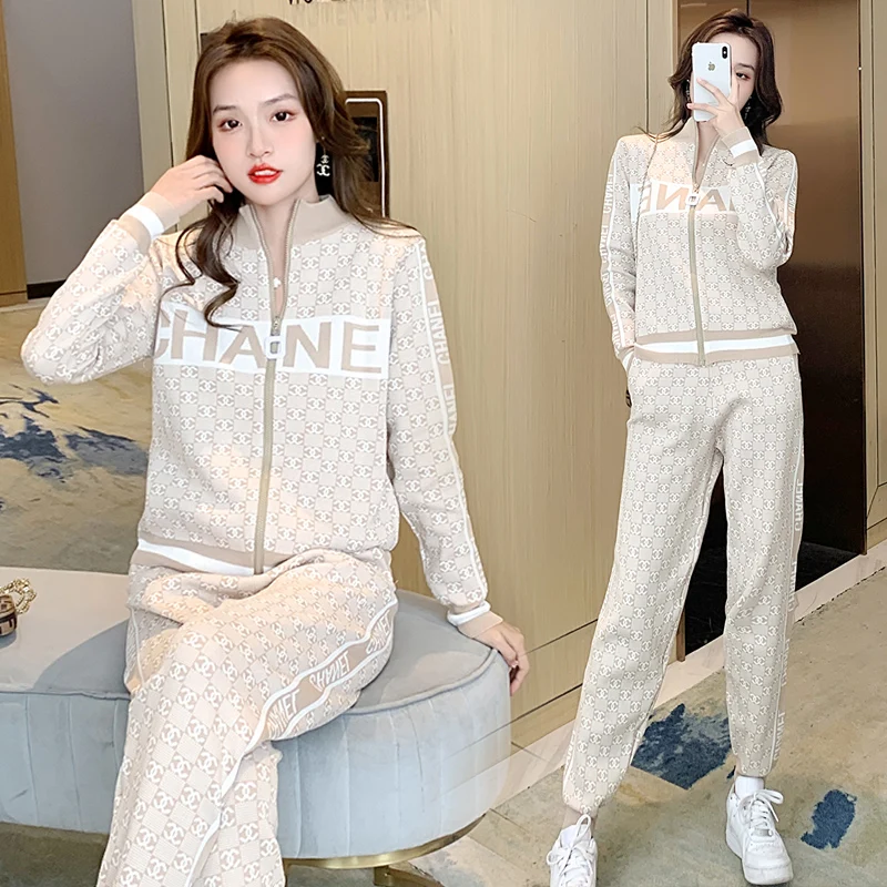 

Designer Spring/Autumn Sweater Sweatshirt Coat Jacket and Knitted Pant Two Piece Set Casual Fashion Chic Ins Knitted Pant Suit
