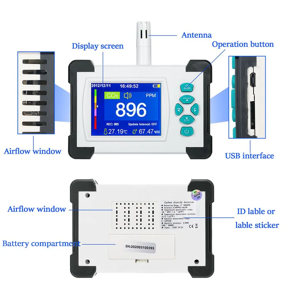 

Carbon Dioxide Detector with Rechargeable Battery CO2 Meter for Carbon Dioxide Air Quality Detector CO2 messgert CO2 Sensor