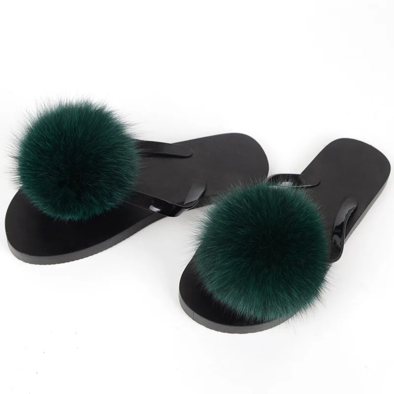 

Fox Fur Ball Ball Female Slippers Home Fashion Non-slip Import Fur Casual Beach Shoes Flip-flops