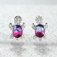 cute turtle zircon stud earrings fashion multicolor oval gradient crystal rainbow stone animal earrings free shipping