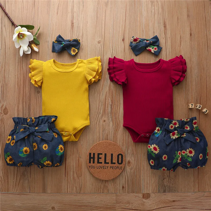 

PUDCOCO Newborn Baby Girl Romper Tops Solid Ribbed Ruffle Jumpsuit Sunflower Pants Headband Clothes Summer Casual 3Pcs Outfits