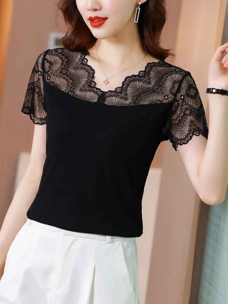 

Short-sleeved blouse lace bottoming shirt women summer slim slimming blouse one