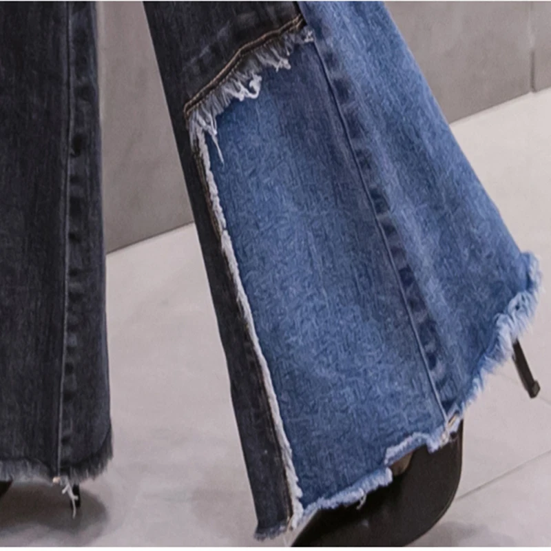 

Cut Trousers Stretch Rough Edge Splice Denim Pants Full For Women Vintage Patchwork Flare Jeans Woman High Waist Skinny Boot