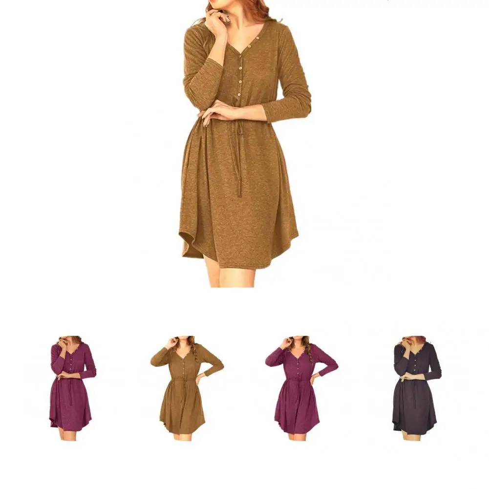 

Stylish Casual Dress Washable Polyester V Neck Dress Knee Length Women Long Sleeve Dress for Autumn Dress