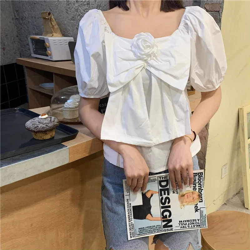 

RUGOD 2021 New Camellia Puff Sleeve Top Fashion Shirt Leaky Clavicle Short Sleeve Shirt