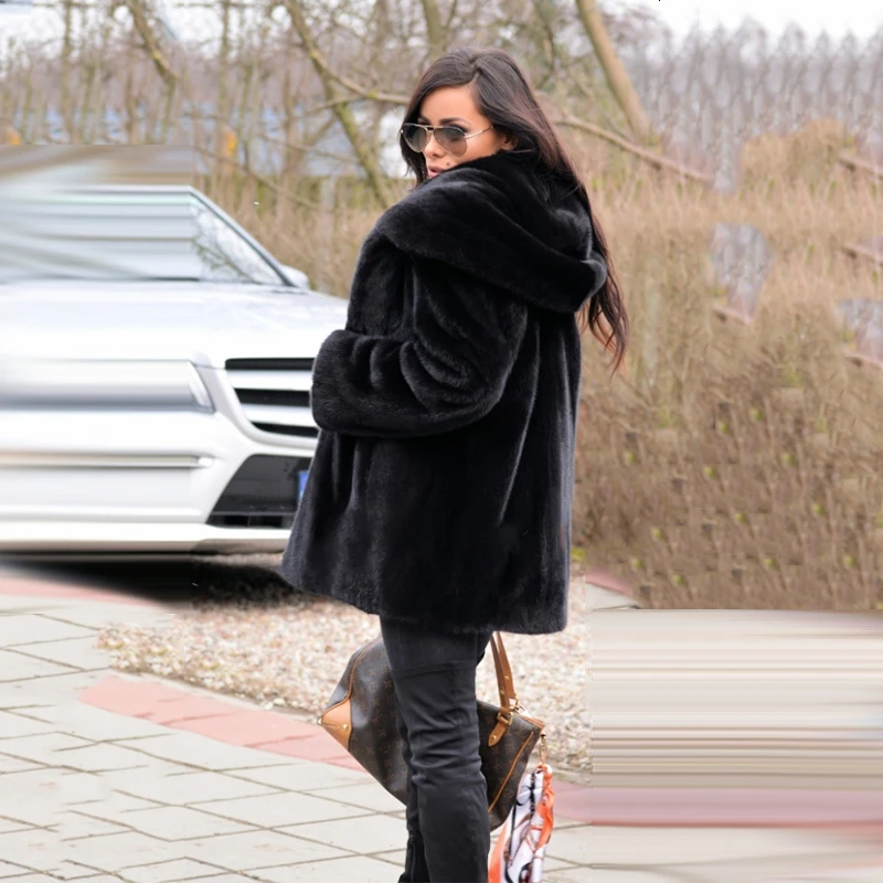 Женская Шуба с капюшоном TOPFUR черная шуба из натурального меха норки зимняя