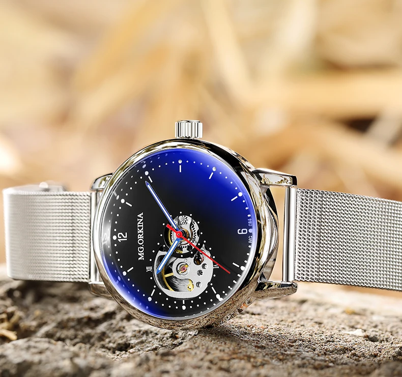 Reloj Hombre автоматические часы мужские s модные спортивные из нержавеющей стали сетки Группа скелет механические наручные часы для мужчин