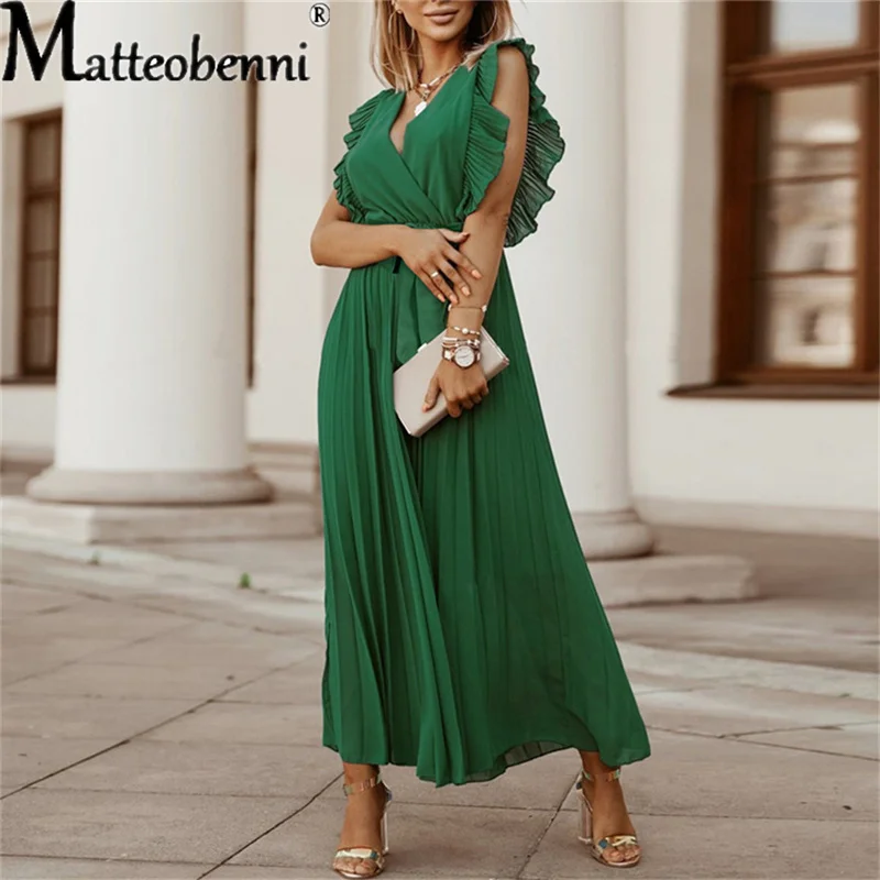 

Женское винтажное шифоновое платье макси, длинное пляжное платье в стиле бохо, с оборками и складками, элегантное повседневвечерние и вечернее платье для весны и лета