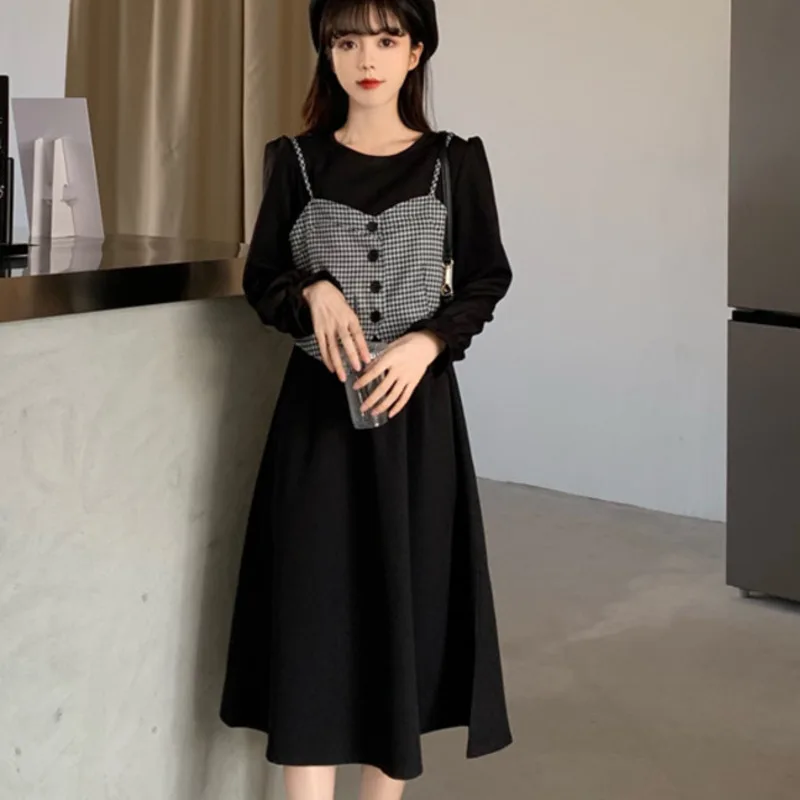 

Autumn And Winter Large Size French Retro Waistcoat Dress Two-piece Set Fat Hepburn Style Slimming Youthful-looking Elegant Rac