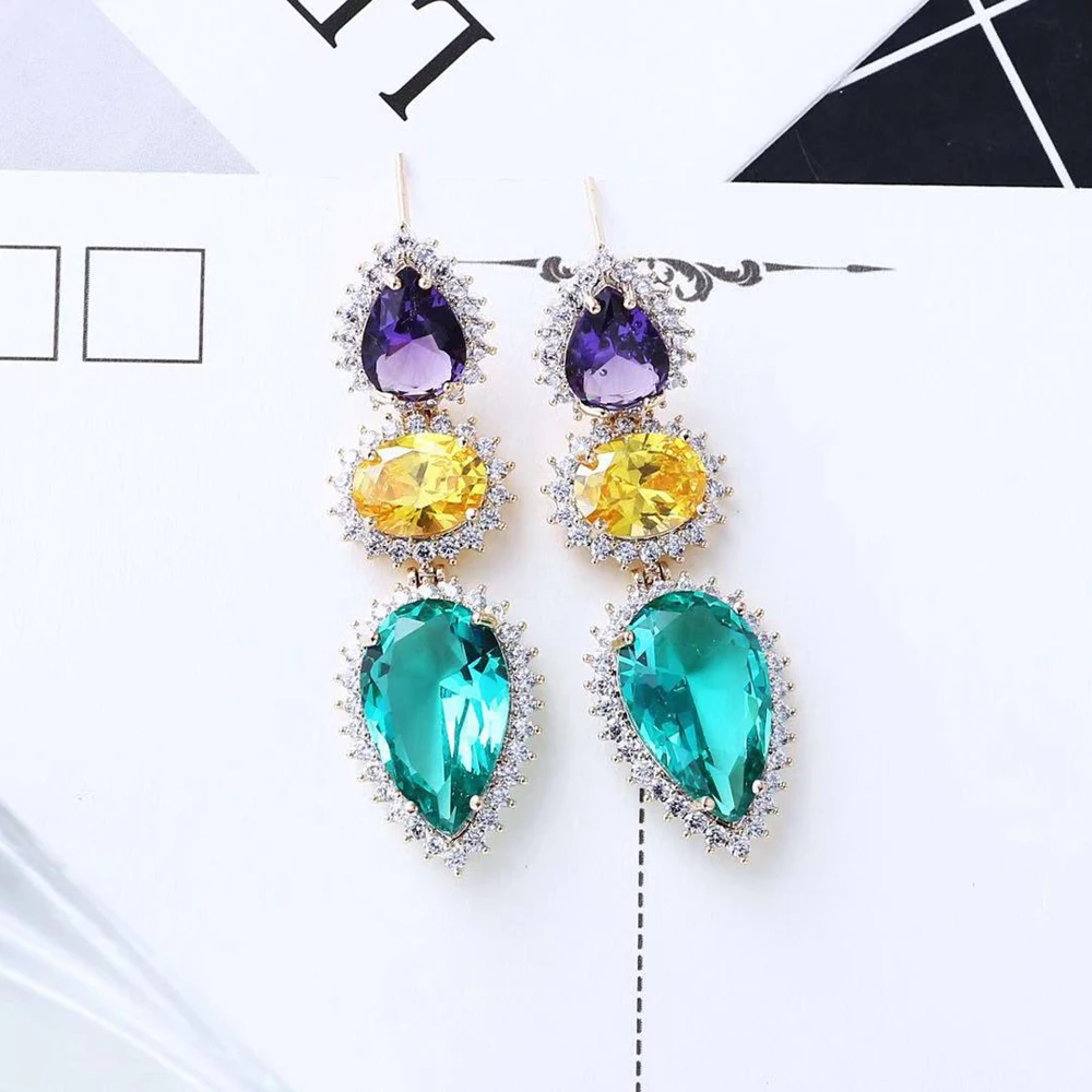 HIBRIDE Water Shape Colorful AAA Cubic Zirconia Stone Round Drop Earrings for Women Luxury CZ Party Event Jewelry E-520