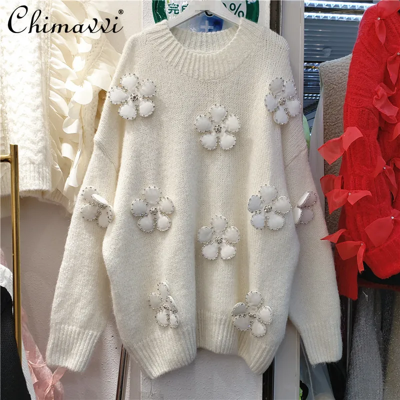 

2021 Autumn New Women Loose Solid Color 3D Flower Beads Rhinestones Knitted Top Ladies Fashion Sweet O-neck Pullover Sweater