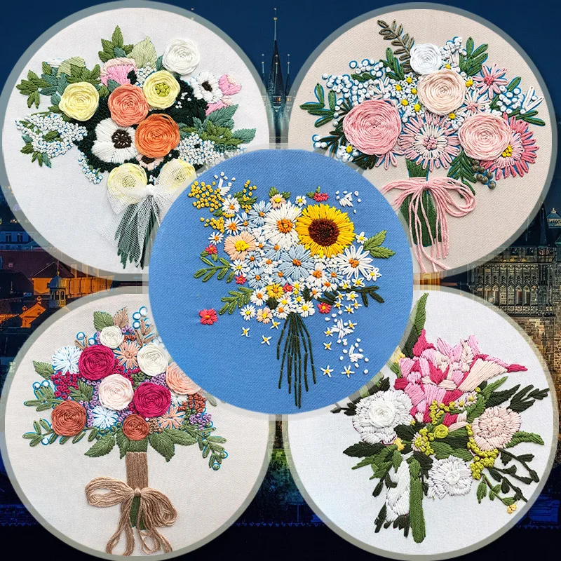 

Original DIY 3d Flower Bouquet Needlework Cross Stitch Kit Beginner Handmade Creative Embroidery Fabric Threads Material Bag