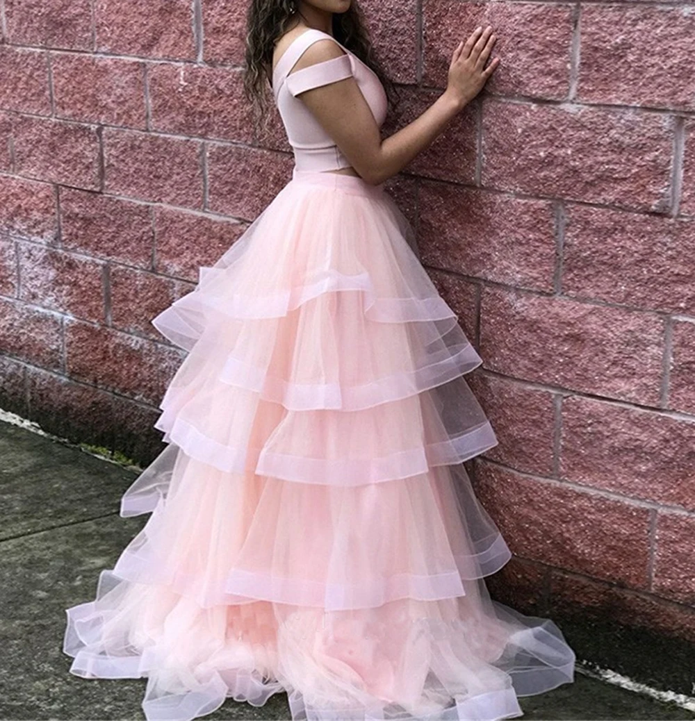 

Lanvendia Women Pink Tulle Prom Dresses 2020 Sexy 2-Piece Set Ball Gowns Black Girls Evening Dresses for Party Night