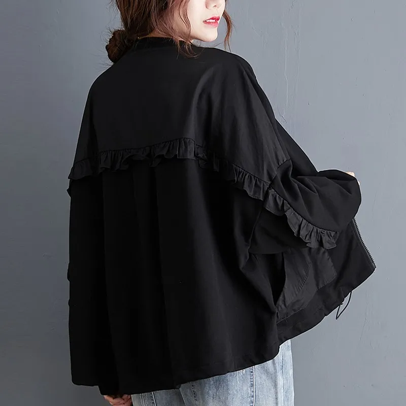 

Oversized Women Black Cotton Casual Jackets New Arrival 2021 Autumn Korean Style Streetwear Loose Female Outerwear Coats B1155