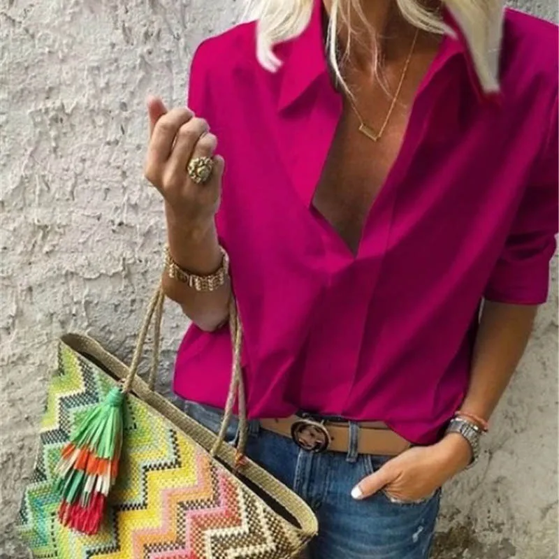 Solid Red Весенняя женская блузка для отдыха, топы, женские офисные блузки с цепным принтом, женские стильные блузки с длинным рукавом, женские 5XL - Цвет: Solid Red