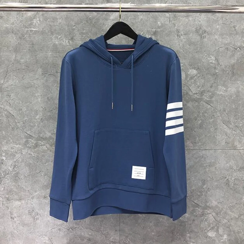 2022 Fashion TB THOM Brand Hooded Clothing Cotton Slim Jacket Men Women Sweatshirts Hoodies Striped Casual Blue Sportswear Coat