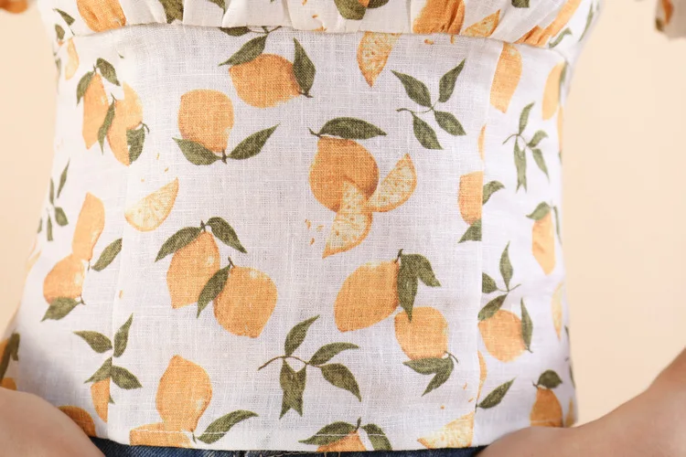 

Fruit or Floral Print Women's Short Blouse Square Collar 2021 Spring Summer Ladies Backless Zipper Slim Vintage Shirts and Top