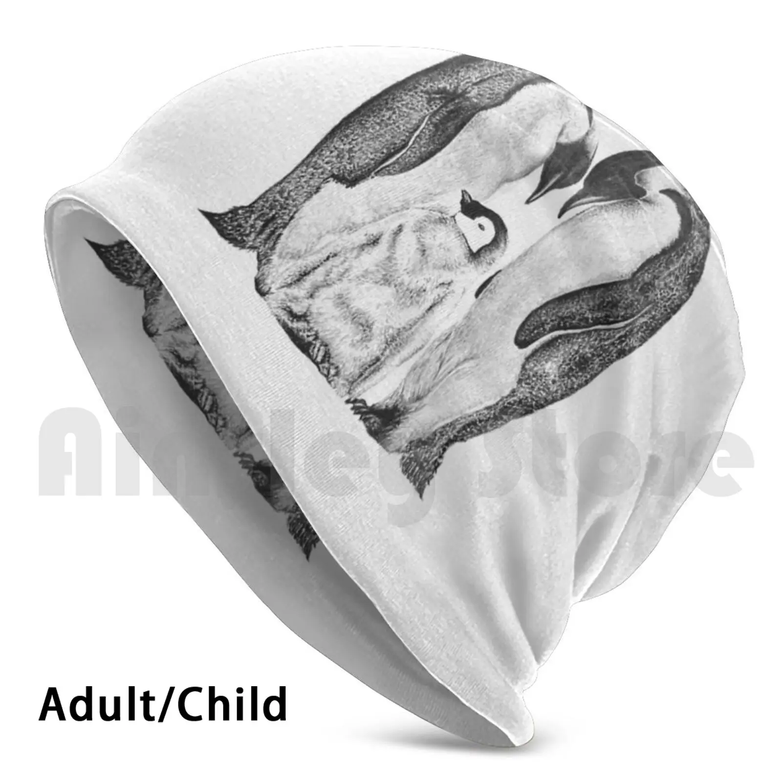 

Family Of Penguins Pencil Graphite Drawing Beanies Pullover Cap Comfortable Penguins Pencil Animal Black White