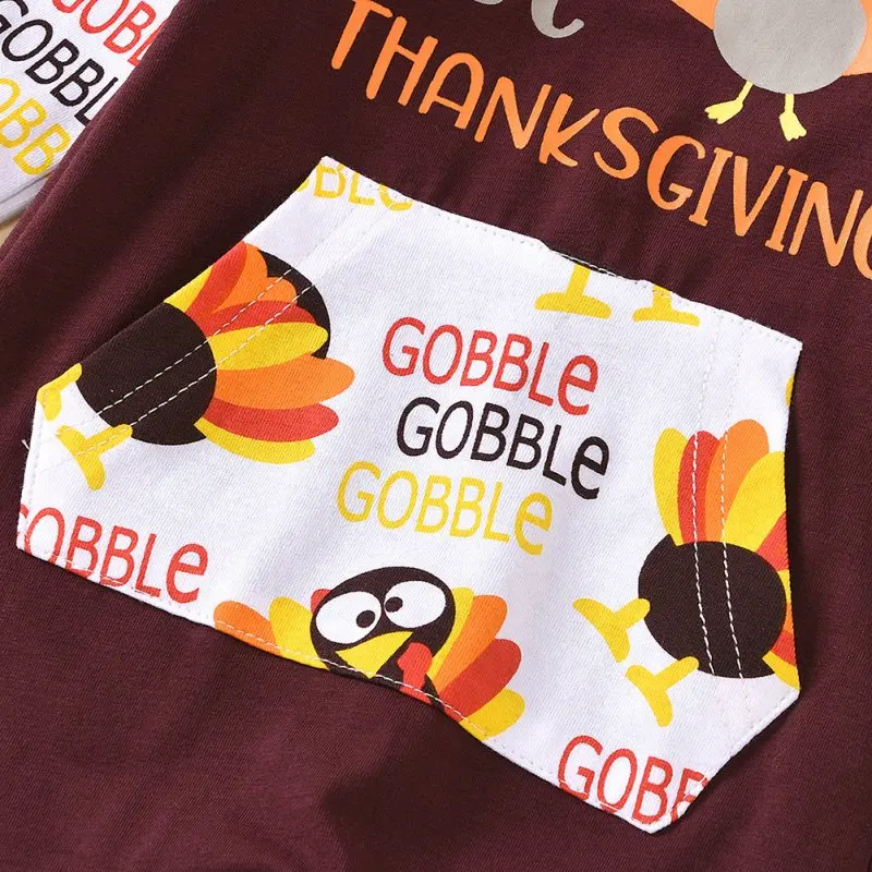 

Autumn Baby Girl Boy Long Sleeve Thanksgiving Cartoon Letter Turkey Print Hoodie Rompers