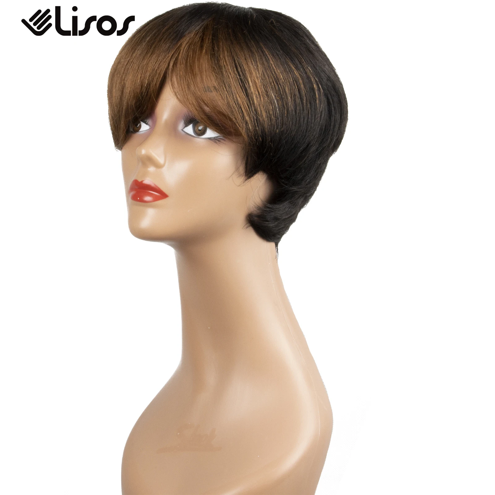

Black Short Hair with Golden Side Bangs Cheap Full Machine Made Human Hair Pixie Cut Wig for Fashion Women Easy to Wear