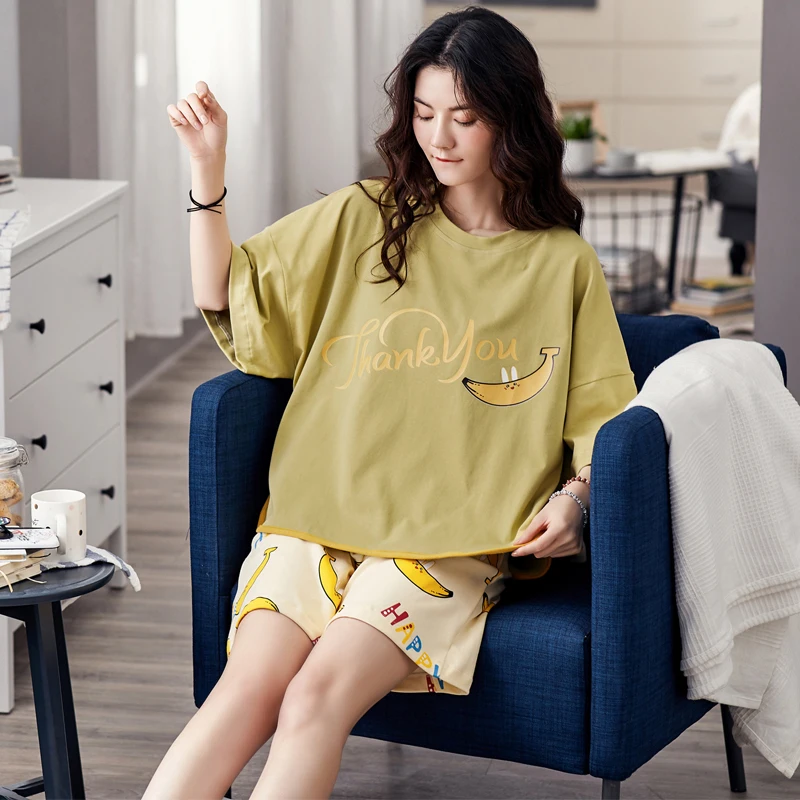 

Korean Sweet Funny Cartoon Banana Print Women Sleepwear Summer Pajamas Sets Short Sleeve Cotton Plus Size Loose Outdoor Homewear