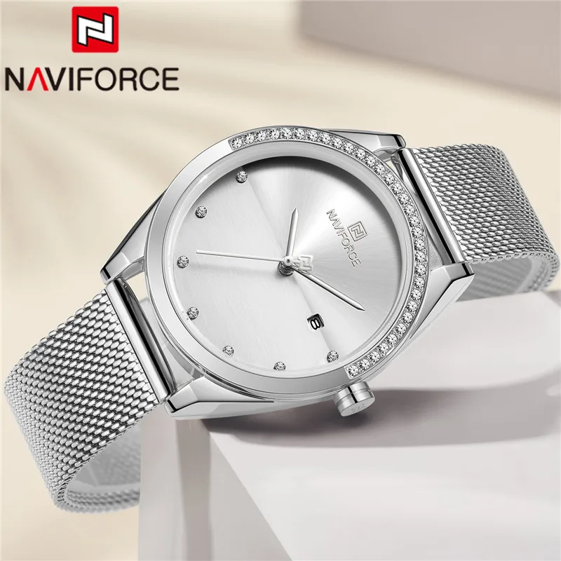 

NAVIFORCE Women Watch Top Brand Luxury Silver Ladies Wristwatch Mesh Stainless Steel Bracelet Classic Fashion Female Clock 5015