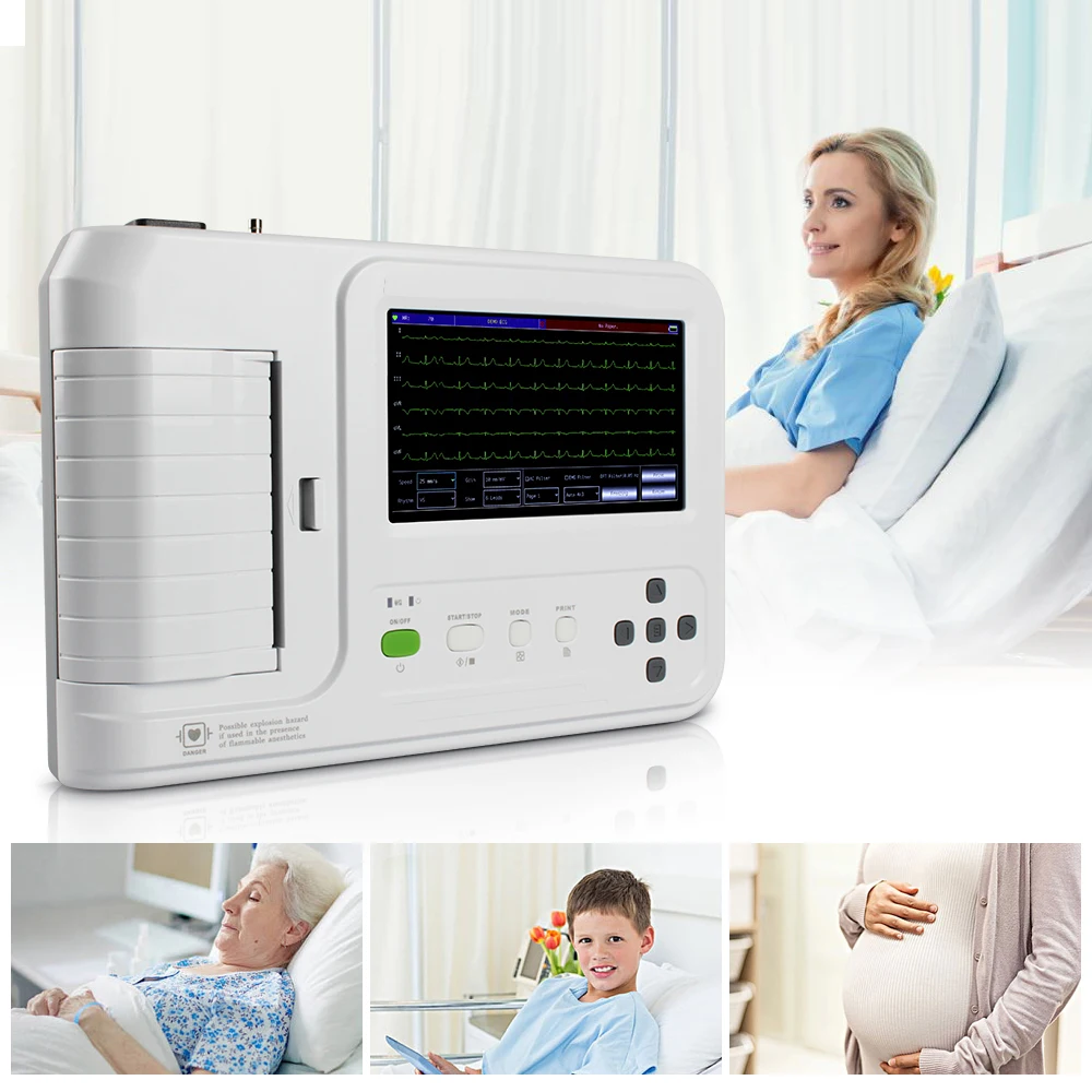 ECG600G Цифровой Электрокардиограф 6-канальный 12-проводной сенсорный экран EKG ECG с