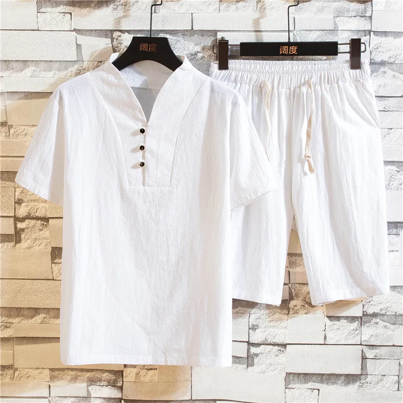 

2021 New Summer Men's Ethnic Linen V-neck Short-sleeved Shorts Suit Men's Solid Color Fashion Casual Short-sleeved Top Suit