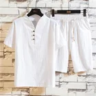 Костюм мужской льняной в этническом стиле, однотонный Модный повседневный топ с коротким рукавом и V-образным вырезом, с шортами, лето 2021