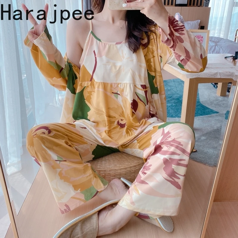 

Пижама в стиле харадзпи, Женский костюм из трех предметов на весну и осень, ночная рубашка из чистого хлопка с длинным рукавом, красивая пика...