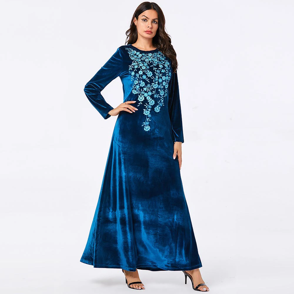 

Muslim dress women's blue floral embroidery long-sleeved casual padded velvet long skirt Abaya Dubai Dresses