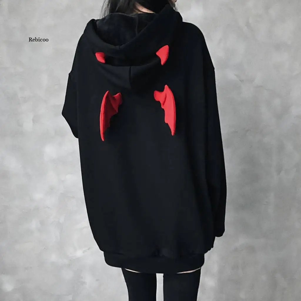 Sudadera con capucha para mujer, ropa de calle Harajuku, estilo Punk, gótico, de cuerno del diablo, holgada, para primavera y otoño