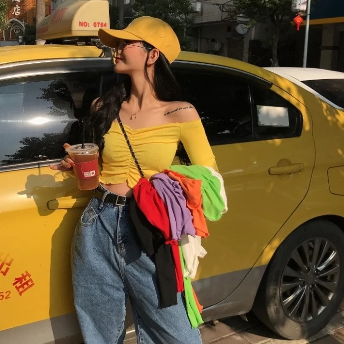 

Новинка весна-осень 2021 Облегающая рубашка с открытыми плечами Топ женское Бандажное платье футболка с длинным рукавом и открытыми плечами ...